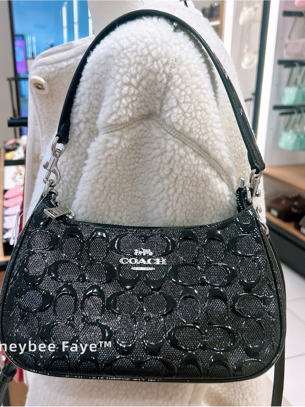 Coach Teri Black Patent Signature Jacquard Shoulder Bag with Silver Hardware